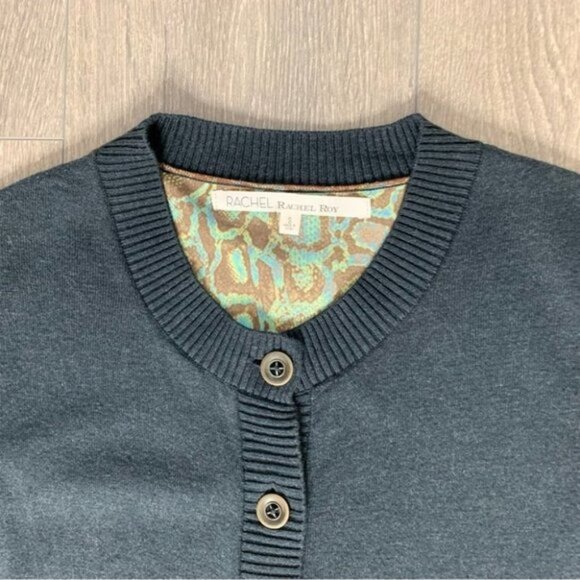 RACHEL Rachel Roy Snakeskin Print Button Cardigan Sweater Green Navy Size Small - Picture 12 of 15